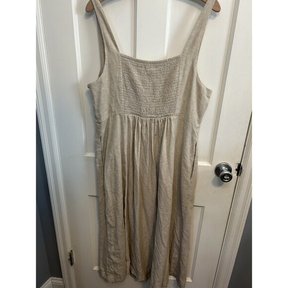 Old Navy XL Beige Linen Smocked Back Midi Dress Pockets Cottage Lagenlook Costal - Picture 4 of 9